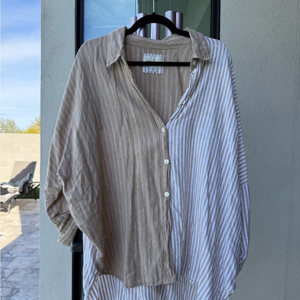 American Eagle Outfitters Tan and White Striped Button-Down Shirt